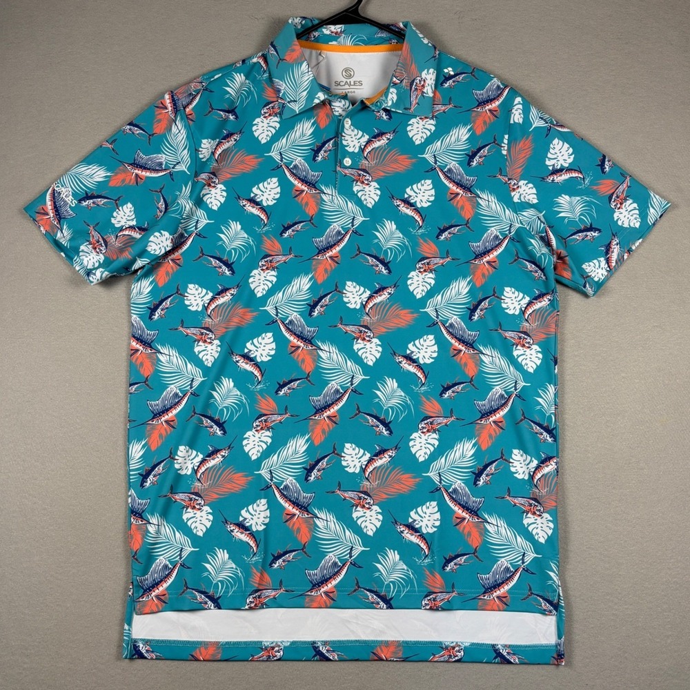 Scales Tropical Slam Performance Polo Shirt Fishing UPF 30+ Large Aqua